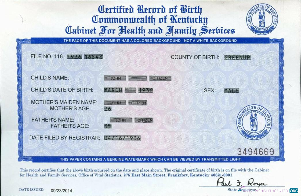 Download United States Commonwealth of Kentucky birth certificate Photoshop template